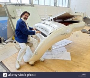 Luigi Colani in his workshop with his Schimmel Pegasus design